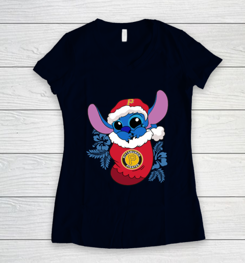 Pittsburgh Pirates Christmas Stitch In The Sock Funny Disney MLB Women's V-Neck T-Shirt 3
