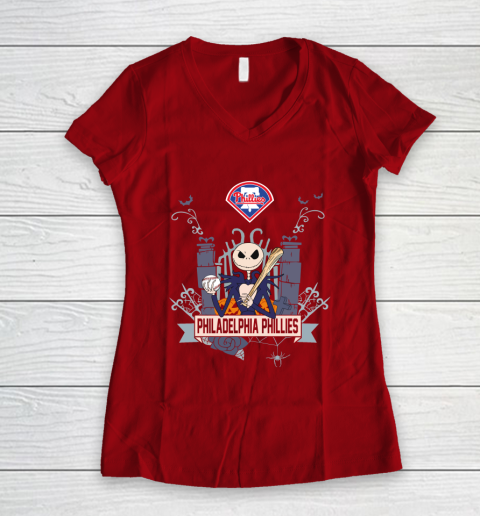 MLB Philadelphia Phillies Baseball Jack Skellington Halloween Women's V-Neck T-Shirt 8