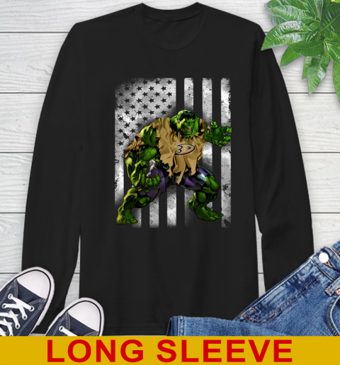 Anaheim Ducks Hulk Marvel Avengers NHL Hockey American Flag Long Sleeve T-Shirt