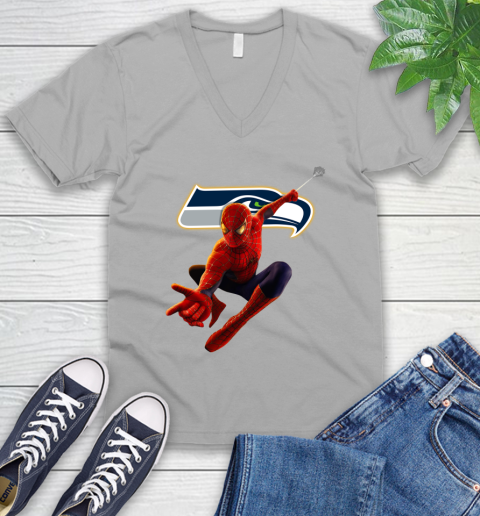 NFL Spider Man Avengers Endgame Football Seattle Seahawks V-Neck T-Shirt 4