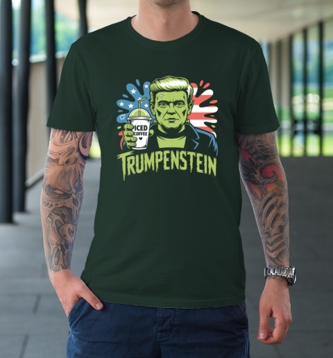 Trumpenstein Funny Iced Coffee Drink Halloween 4th of July USA Flag T-Shirt 3