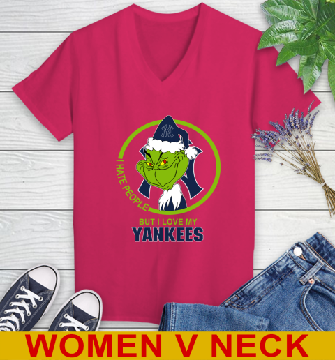 New York Yankees MLB Christmas Grinch I Hate People But I Love My Favorite Baseball Team Women's V-Neck T-Shirt 10