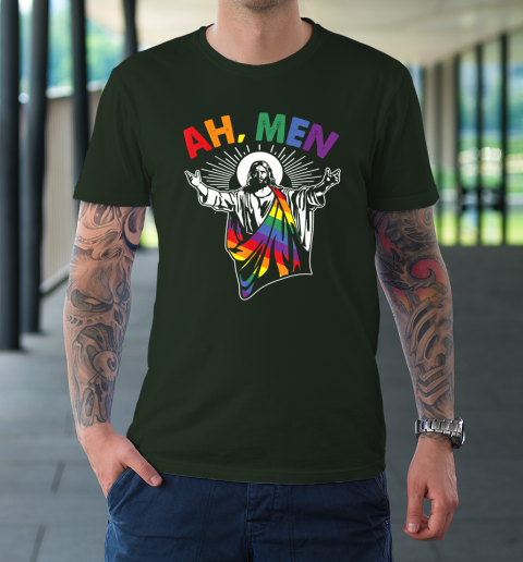 Ah Men Funny LGBT Gay Pride Jesus Rainbow Flag Christian T-Shirt 3