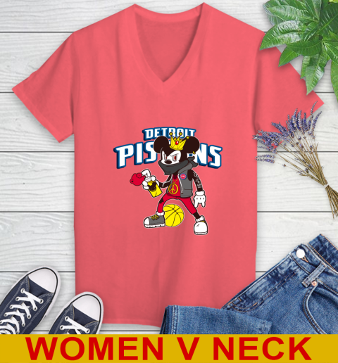 Detroit Pistons NBA Basketball Mickey Peace Sign Sports Women's V-Neck T-Shirt 7
