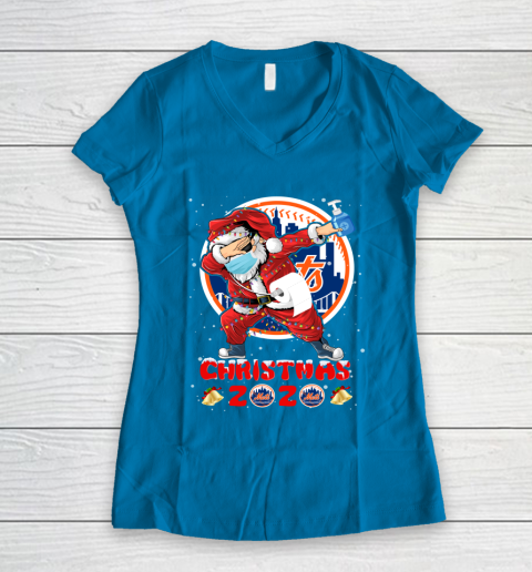 New York Mets Funny Santa Claus Dabbing Christmas 2020 MLB Women's V-Neck T-Shirt 5