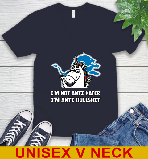 Detroit Lions NFL Football Unicorn I'm Not Anti Hater I'm Anti Bullshit V-Neck T-Shirt 3