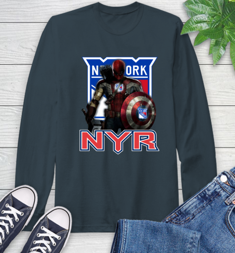 NHL Captain America Thor Spider Man Hawkeye Avengers Endgame Hockey New York Rangers Long Sleeve T-Shirt 8