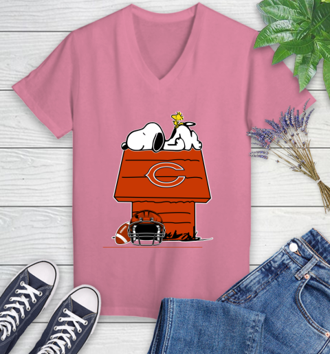 Chicago Bears NFL Football Snoopy Woodstock The Peanuts Movie Women's V-Neck T-Shirt 13
