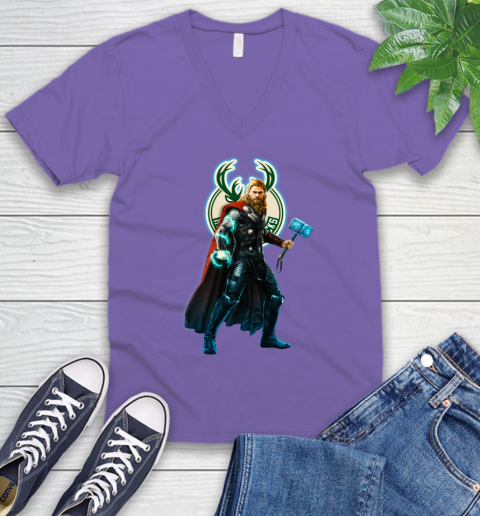 NBA Thor Avengers Endgame Basketball Milwaukee Bucks V-Neck T-Shirt 9