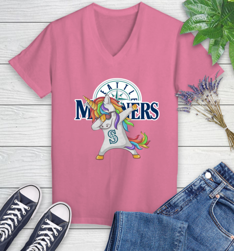 Seattle Mariners MLB Baseball Funny Unicorn Dabbing Sports Women's V-Neck T-Shirt 13