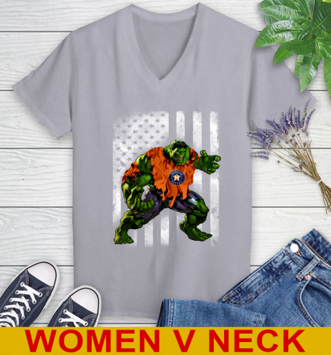 Houston Astros Hulk Marvel Avengers MLB Baseball American Flag Women's V-Neck T-Shirt 4
