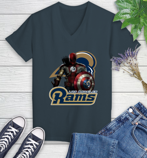 NFL Captain America Thor Spider Man Hawkeye Avengers Endgame Football Los Angeles Rams Women's V-Neck T-Shirt 8