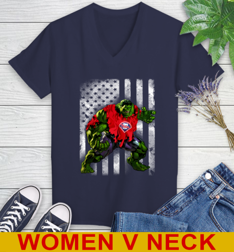 Philadelphia Phillies Hulk Marvel Avengers MLB Baseball American Flag Women's V-Neck T-Shirt 12