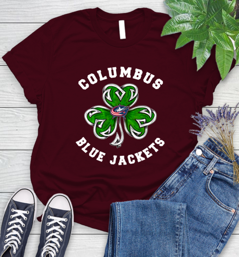 NHL Columbus Blue Jackets Three Leaf Clover St Patrick's Day Hockey Sports Women's T-Shirt 7