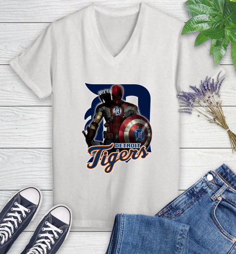 MLB Captain America Thor Spider Man Hawkeye Avengers Endgame Baseball Detroit Tigers Women's V-Neck T-Shirt