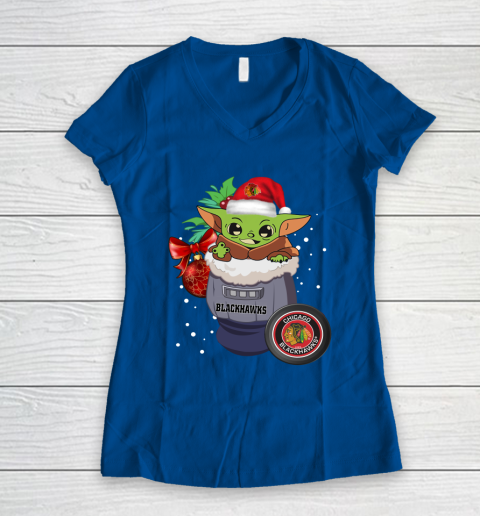 Chicago Blackhawks Christmas Baby Yoda Star Wars Funny Happy NHL Women's V-Neck T-Shirt 9