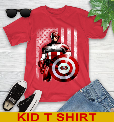 San Francisco 49ers NFL Football Captain America Marvel Avengers American Flag Shirt Youth T-Shirt - Image 12