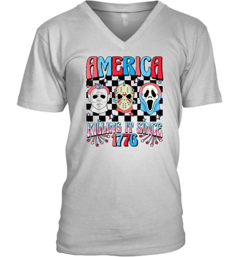 Funny America Killing IT Since 1776 Horror 4th Of July USA V-Neck T-Shirt