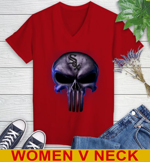 Chicago White Sox MLB Baseball Punisher Skull Sports Women's V-Neck T-Shirt 10
