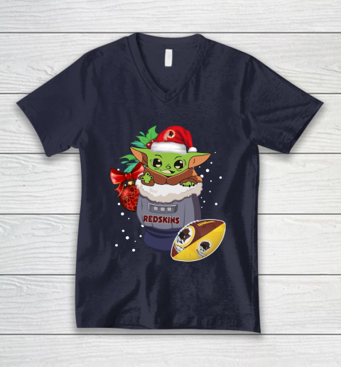 Washington Redskins Christmas Baby Yoda Star Wars Funny Happy NFL V-Neck T-Shirt 3