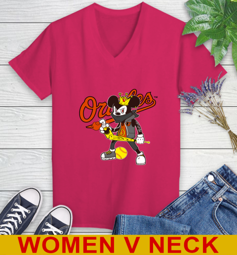 Baltimore Orioles MLB Baseball Mickey Peace Sign Sports Women's V-Neck T-Shirt 10