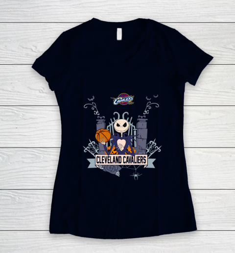 NBA Cleveland Cavaliers Basketball Jack Skellington Halloween Women's V-Neck T-Shirt 2