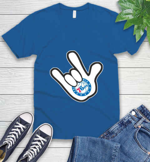 Philadelphia 76ers NBA Basketball Mickey Rock Hand Disney V-Neck T-Shirt 6
