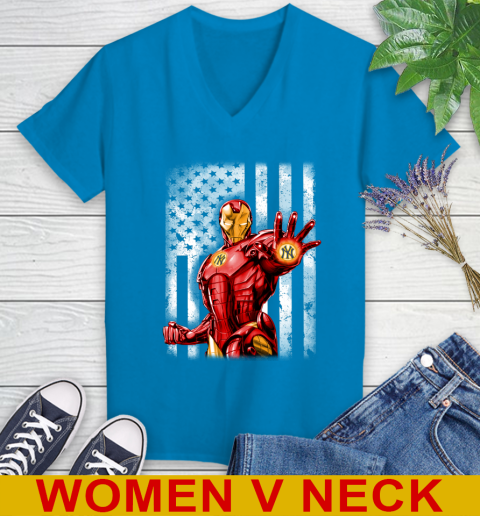 New York Yankees MLB Baseball Iron Man Avengers American Flag Shirt Women's  V-Neck T-Shirt
