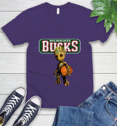 Milwaukee Bucks NBA Basketball Groot Marvel Guardians Of The Galaxy V-Neck T-Shirt 10