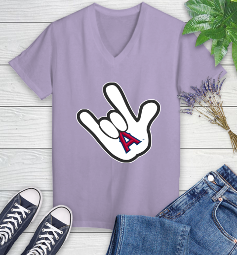 Los Angeles Angels MLB Baseball Mickey Rock Hand Disney Women's V-Neck T-Shirt 14
