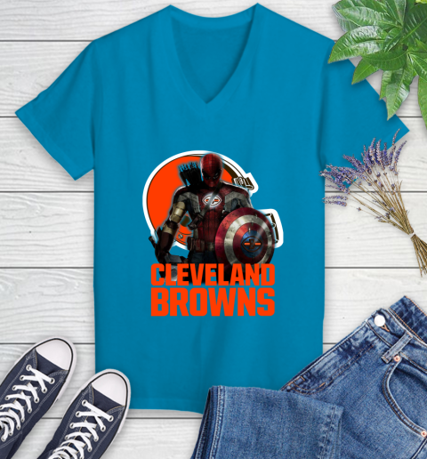 NFL Captain America Thor Spider Man Hawkeye Avengers Endgame Football Cleveland Browns Women's V-Neck T-Shirt 7
