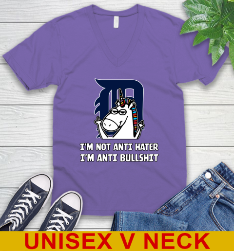 Detroit Tigers MLB Baseball Unicorn I'm Not Anti Hater I'm Anti Bullshit V-Neck T-Shirt 9