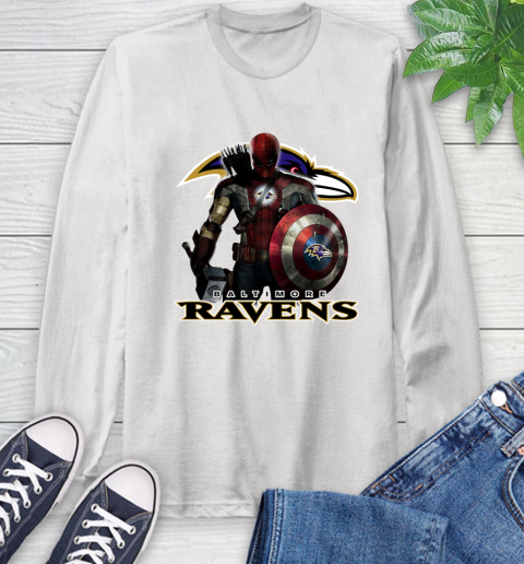 NFL Captain America Thor Spider Man Hawkeye Avengers Endgame Football Baltimore Ravens Long Sleeve T-Shirt