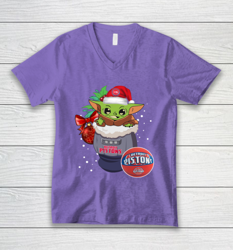 Detroit Pistons Christmas Baby Yoda Star Wars Funny Happy NBA V-Neck T-Shirt 9