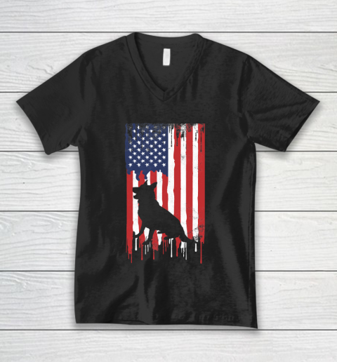 German Shepherd 4th of July Patriotic American USA Flag V-Neck T-Shirt