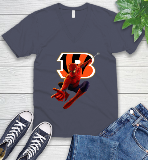 NFL Spider Man Avengers Endgame Football Cincinnati Bengals V-Neck T-Shirt 8