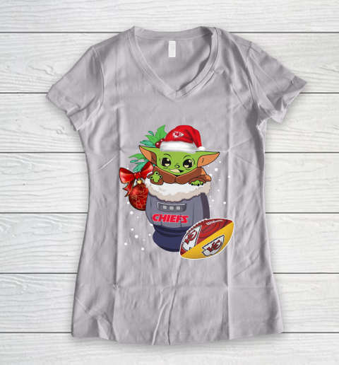Kansas City Chiefs Christmas Baby Yoda Star Wars Funny Happy NFL Women's V-Neck T-Shirt 2