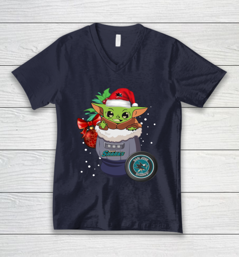 San Jose Sharks Christmas Baby Yoda Star Wars Funny Happy NHL V-Neck T-Shirt 3