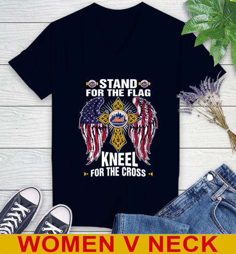 MLB Baseball New York Mets Stand For Flag Kneel For The Cross Shirt Women's V-Neck T-Shirt 2