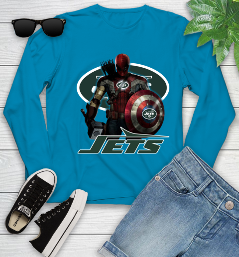NFL Captain America Thor Spider Man Hawkeye Avengers Endgame Football New York Jets Youth Long Sleeve 7