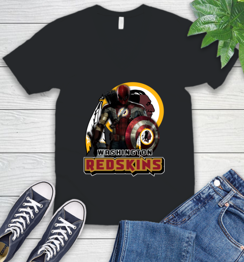 NFL Captain America Thor Spider Man Hawkeye Avengers Endgame Football Washington Redskins V-Neck T-Shirt 2