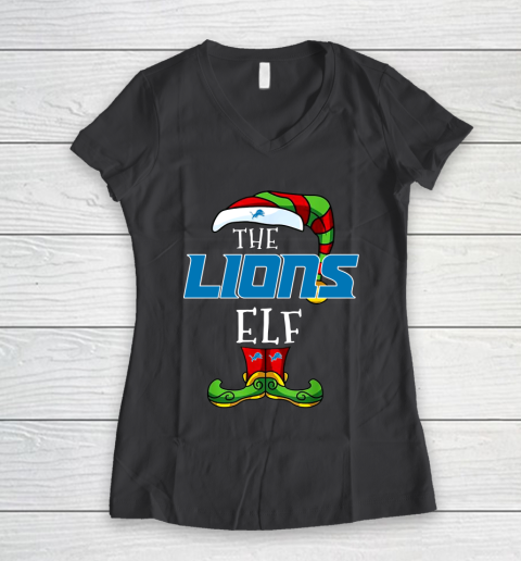 Detroit Lions Christmas ELF Funny NFL Women's V-Neck T-Shirt 6