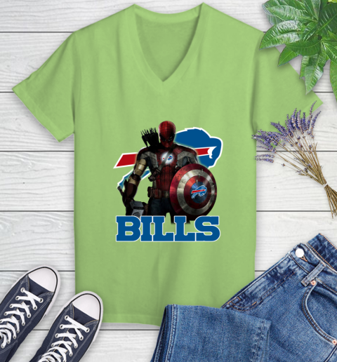 NFL Captain America Thor Spider Man Hawkeye Avengers Endgame Football Buffalo Bills Women's V-Neck T-Shirt 11