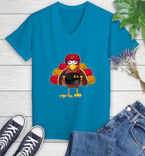 Chicago Blackhawks Turkey Thanksgiving Day Women's V-Neck T-Shirt 7