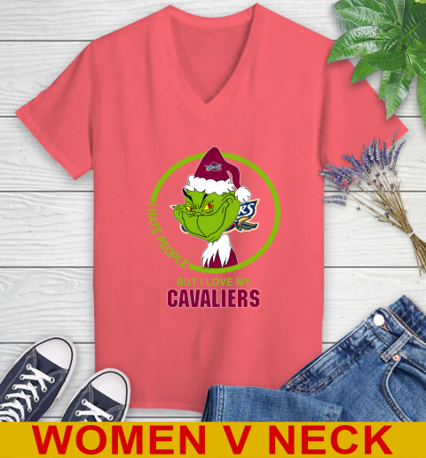 Cleveland Cavaliers NBA Christmas Grinch I Hate People But I Love My Favorite Basketball Team Women's V-Neck T-Shirt 7