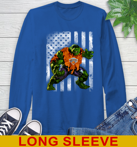 New York Knicks Hulk Marvel Avengers NBA Basketball American Flag Long Sleeve T-Shirt 11