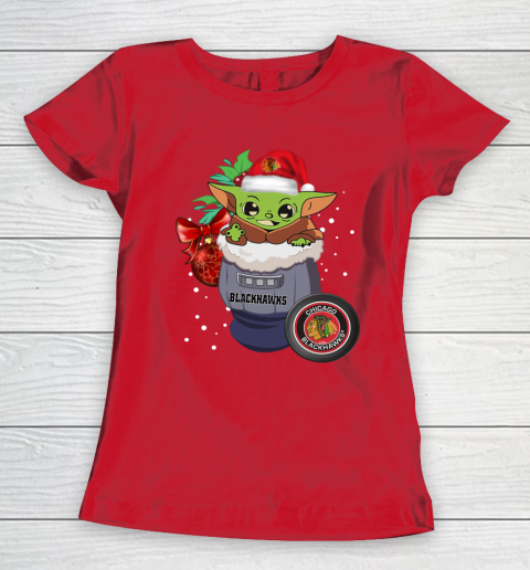 Chicago Blackhawks Christmas Baby Yoda Star Wars Funny Happy NHL Women's T-Shirt 10