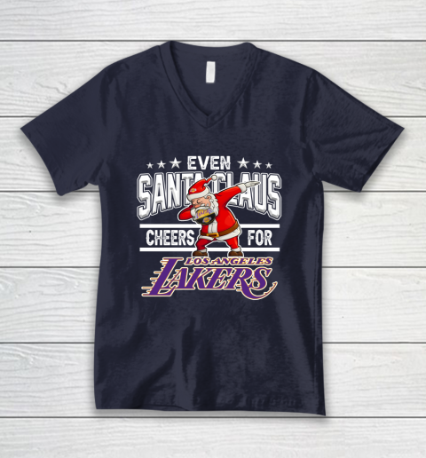 Los Angeles Lakers Even Santa Claus Cheers For Christmas NBA V-Neck T-Shirt 2