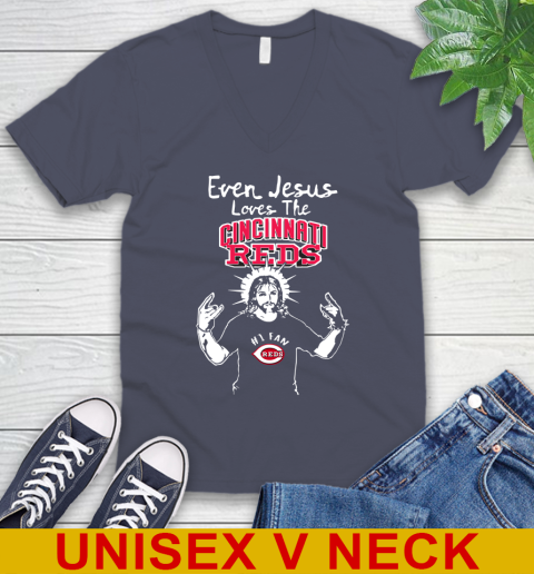 Cincinnati Reds MLB Baseball Even Jesus Loves The Reds Shirt V-Neck T-Shirt 7