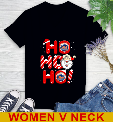 New York Mets MLB Baseball Ho Ho Ho Santa Claus Merry Christmas Shirt Women's V-Neck T-Shirt